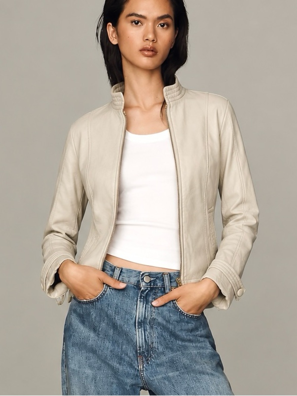 Vintage La Pelle Karpeta Off-White Leather Zipper Jacket Medium